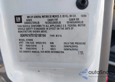 2001 GMC Yukon Xl 1500 Slt from USA, damaged, VIN 3GKFK16TX1G198194